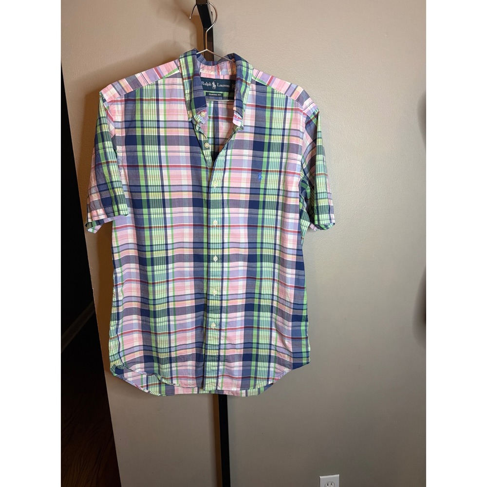 Polo Ralph Lauren Mens Classic Fit Plaid Short Sleeve Button Down Shirt Pink M